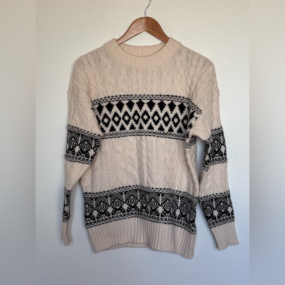 Line & Dot Cream Fair Isle Cable Knit Sweater XS Oversized Nordic